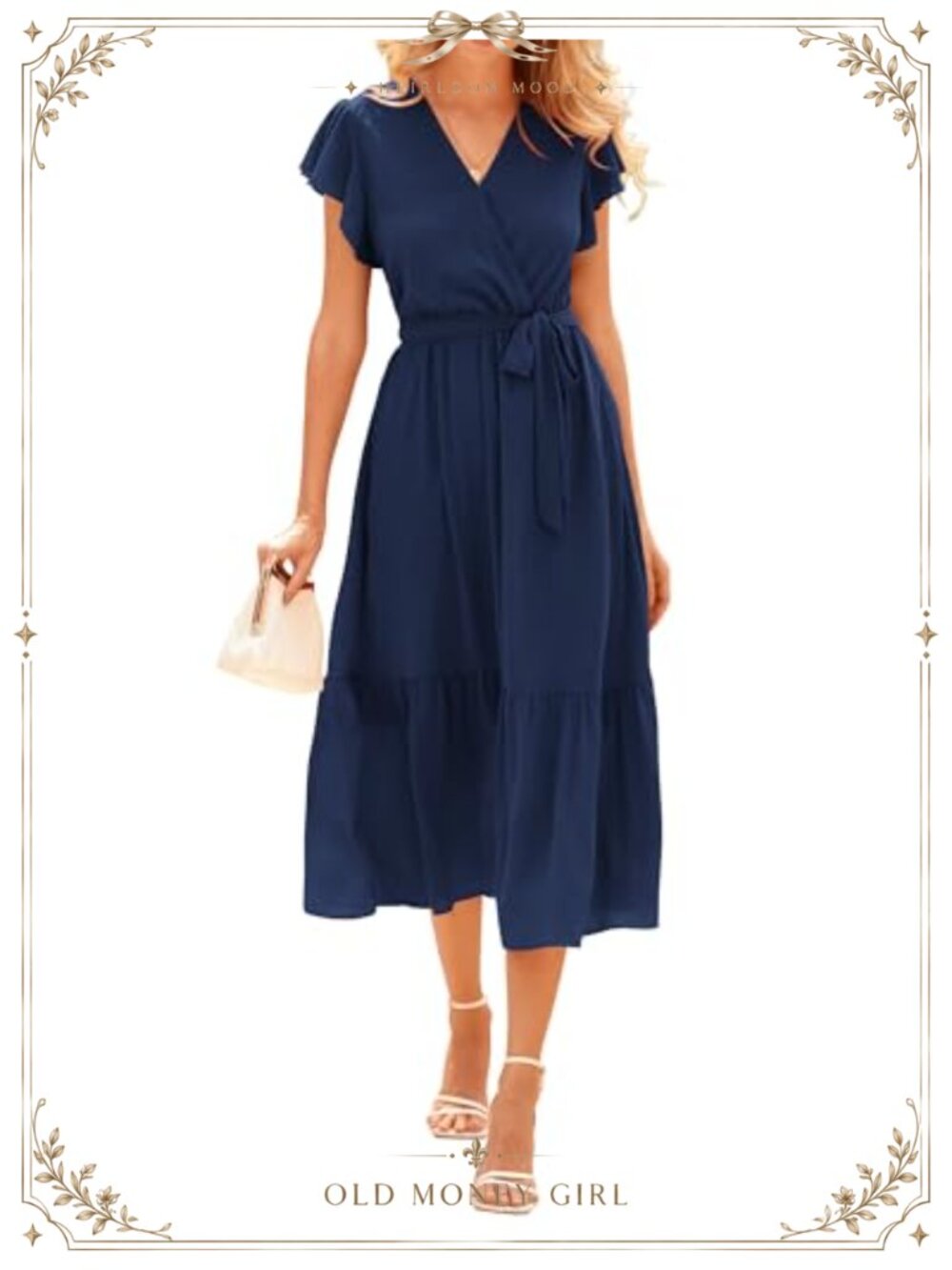 Women Summer Wrap V Neck Ruffle Cap Sleeve Belted Midi Dress